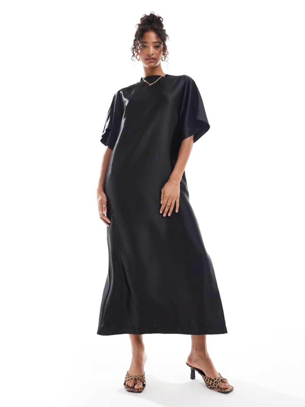Small ASOS DESIGN satin oversized midi T-shirt dress in black